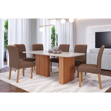 Imagem de Conjunto: Mesa de Cozinha Ester Tampo Madeirado c/ Vidro 180x90cm e 6 Cadeiras Juliana Cinamomo/Off White - Carvalho/Suede Joli Capuccino - Cimol