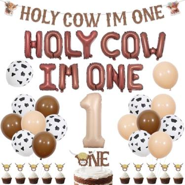 Imagem de Highland Cow Decorações de 1º aniversário para meninos Holy Cow Im One Decorações de aniversário Banner de balão bandeira de cadeira alta de vaca enfeite de cupcake para animais de fazenda suprimentos