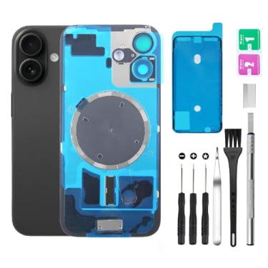 Imagem de Substituição de vidro da tampa traseira traseira para iPhone 16 Plus + lente da câmera + ímã + suporte de peça de ferro com kit de ferramentas de reparo (preto)