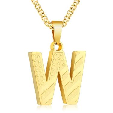 Imagem de Zocomi Colar com pingente de inicial da bandeira americana para homens e meninos, corrente de aço inoxidável 316L A-Z caixa de letras 50 + 5 cm joias presentes, Aço inoxidável, Sem Pedra Preciosa