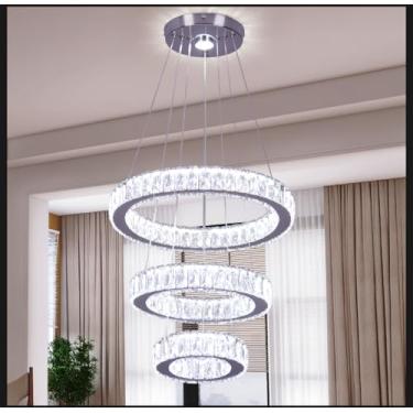 Imagem de Finktonglan Lustres de LED modernos 3 anéis lustre de cristal luminária de teto altura ajustável e luminárias pendentes de aço inoxidável para sala de jantar, sala de estar, cozinha (branco frio)