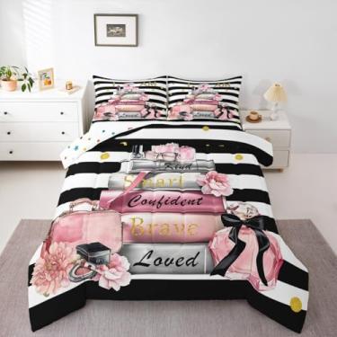 Imagem de Erosebridal Conjunto de edredom Queen fashion rosa para meninas e crianças, moderno, com citações inspiradoras, abstrato, preto, branco, listras, livros, floral, perfume, maquiagem, edredom