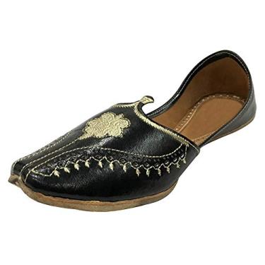 Imagem de Step n Style Sapatos Khussa masculinos pretos de couro vintage feitos à mão indiano Aladdin Juttis, Preto, 39