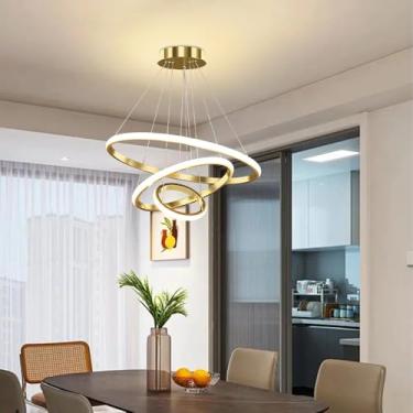 Imagem de Luminária Pendente de 3 Anéis LED Moderna Regulável Com Controle Remoto - Lustre de Altura Ajustável 69 W para Sala de Estar e Quarto