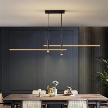 Imagem de Lustre moderno LED pendente iluminação compatível com sala de jantar e ilha de cozinha, 90/100/120 cm linhas de mesa luz - - balcão de bar faixa longa iluminação interna lustre, preto-100 cm