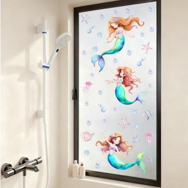 Imagem de Adesivos de janela de sereia, decalques de janela decorativos com tema subaquático, adesivos artísticos reutilizáveis de impressão dupla face para decoração de vidro e espelhos, casas, festa, berçário