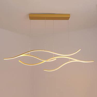 Imagem de Luminária pendente LED Wave Design, lustre de metal criativo estilo moderno, luminária suspensa com altura ajustável para ilha de cozinha, mesa de jantar, dourado + 3 cores de luz - 120 cm,