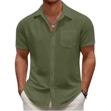 Imagem de Camisa masculina casual com botões COOFANDY, manga curta, verde