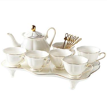 Imagem de Conjunto de chá com bule de chá, conjunto de chávenas de café de porcelana, xícaras de chá com colheres, bule de chá branco, bandeja de servir