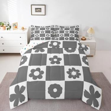 Imagem de Feelyou Jogo de cama solteiro xadrez cinza branco e floral fofo para crianças, meninos, meninas, quadriculado, edredom geométrico, para decoração de quarto de microfibra, 2 peças com 1 fronha