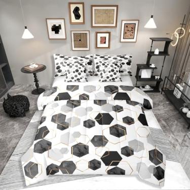 Imagem de Erosebridal Conjunto de edredom preto e cinza com lençol para quarto, arte geométrica marmorizada, minimalista, listrado, dourado, 7 peças