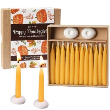 Imagem de DEYBBY Velas de meditação de cera de abelha de 20 minutos para o Dia de Ação de Graças - Conjunto de 24 mini velas cônicas de cera de abelha para presente com 3 castiçais pequenos