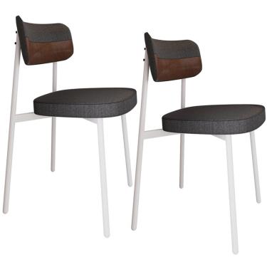 Imagem de Kit 02 Cadeiras Estofada Para Sala de Jantar Astrid Branco C01 Linho Preto Courino Whisky - Lyam Decor