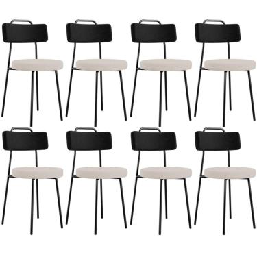 Imagem de Kit 08 Cadeiras Decorativa Estofada Sala De Jantar Barcelona L02 Couríssimo Preto Linho Bege - Lyam
