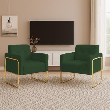Imagem de Poltrona Sala Industrial Alta Tubo Dourado Kit 2 Elisa Veludo Verde D03 - D'Rossi