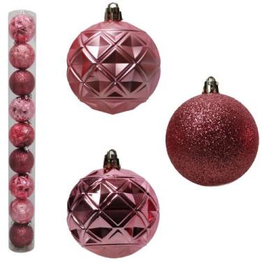 Imagem de Kit bola de natal rosa decorada mista 6cm com 9 peças para árvore de n