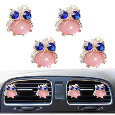 Imagem de 4 peças de clipes de acabamento de saída de ar do painel do carro de coruja brilhante, clipe difusor de ar de cristal de strass, clipe de purificadores de ar de carro de animais fofos, acessórios de