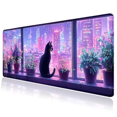 Imagem de Tapete de rato grande com cenário noturno de gato preto moderno, tapete de mesa, teclado de computador, base de borracha antiderrapante, à prova d'água, com bordas costuradas para jogos de laptop