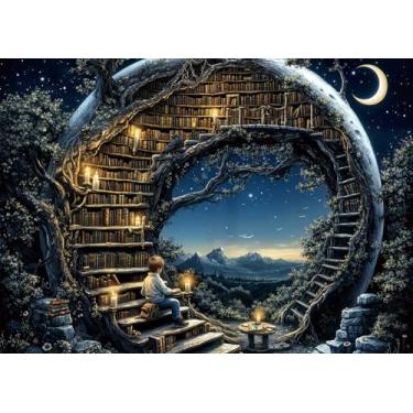 Imagem de Magic Moon Library Puzzles for Adults 1000 Pieces Nature Cozy Books Fantasy Star Night Bookshelf Forest Art Jigsaw Puzzle Landscape Impossible Hard Difficult Challenging Puzzles as Family Game