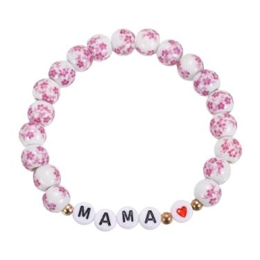 Imagem de PATIKIL Pulseira de porcelana azul e branca para mãe, pulseira de coração MAMA de cristal vintage floral com cordão elástico feito à mão com bolsa de veludo para presentes de Dia das Mães, coração