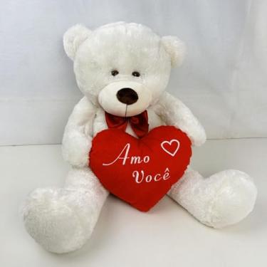 Imagem de Urso Pelúcia Grande com Coração 'Amo Você', 50cm, Antialérgico, Cores (Baunilha com coração)