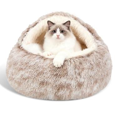 Imagem de Camas calmantes para cães e cama caverna de gato com capa com capuz, camas redondas laváveis removíveis para animais de estimação pequenos e médios, cama coberta fofa de pele sintética antiderrapante para melhorar o sono, cabe até 15/11 kg (pequeno, 50 x 50 cm)