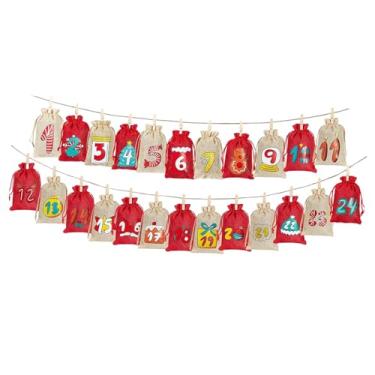 Imagem de oshhni 24x Sacos de calendário de advento de Natal, bolsa de doces, decorações de feriado, decoração de casa, bolsa de estopa, sacos de presente com cordão, Vermelho E Linho