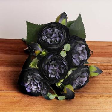 Imagem de Buquê de flores artificiais de peônia, 30 cm, rosa, seda, 5 cabeças grandes, 4 botões pequenos, decoração para casa, casamento, flores falsas (preto)