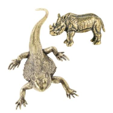Imagem de YJIUYUANQ 2 peças de escultura de lagarto e rinoceronte de ouro vintage estátua de animal de latão ornamento Feng Shui para decoração de escritório em casa, jardim, mesa
