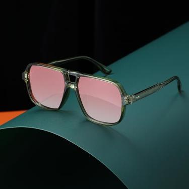 Imagem de Óculos de sol aviador grandes para mulheres e homens – Óculos de sol quadrados retrô anos 70, Verde/laranja gradiente, Large