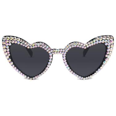 Imagem de Óculos de sol de coração para mulheres, óculos de sol bonitos e clássicos com proteção para os olhos, Strass - preto, Grey lenses