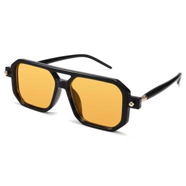 Imagem de Óculos de sol feminino masculino vintage quadrado anos 70 aviador clássico retrô elegante armação, Preto, laranja, amarelo, 52MM