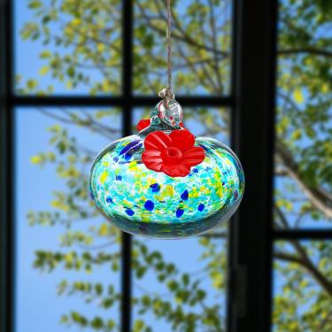 Imagem de Alimentador de pássaros de vidro com decoração de flores – Alimentador de pássaros pendurado ao ar livre para jardim, pátio, quintal (azul)