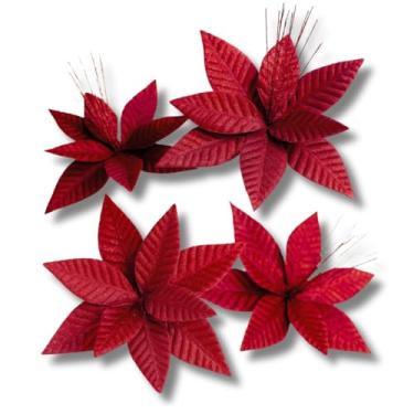 Imagem de Conjunto com 4 Flores Artificiais Vermelhas 30cm com Haste para decoração Natalina, Árvore de Natal, Mesa e Guirlanda | Enfeite Natalino Sofisticado com Brilho e Textura Realista