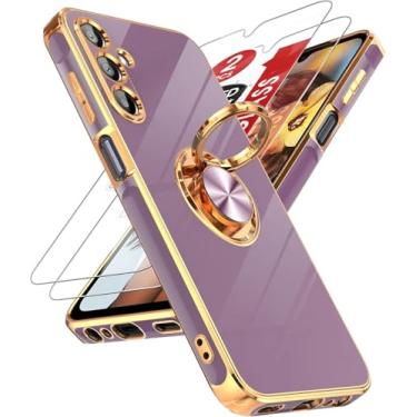 Imagem de Capa compatível com Samsung Galaxy A15 5G: com protetor de tela de vidro temperado [2 unidades] Suporte magnético giratório de 360°, borda banhada a ouro rosa para capa A15 5G, roxa