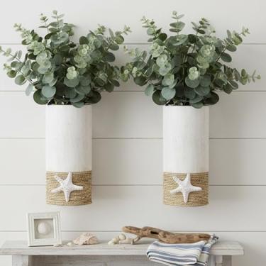 Imagem de Pacote com 2 vasos de parede de metal branco, vaso de parede costeira para flores (não inclui flores artificiais), vasos pendurados para decoração costeira, decoração de casa costeira para sala de