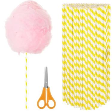 Imagem de 100 peças de palitos de algodão doce amarelos, cones de algodão doce Anglecai 13,8 polegadas papel palha algodão doces suprimentos para aniversário, festa, casamento, fabricação de doces