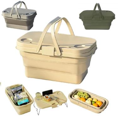 Imagem de Cesto Dobravel Vira Mesa Caixa Organizadora Multiuso Mesinha Cafe Da Manha Parque Cooler Camping Picnic Portatil Praia M