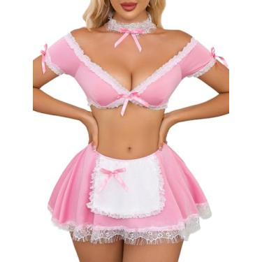 Imagem de Aranmei Conjunto de lingerie sexy para mulheres, conjunto de fantasia de empregada com minissaia e gargantilha, conjunto de lingerie cosplay, 4 peças, rosa, Small