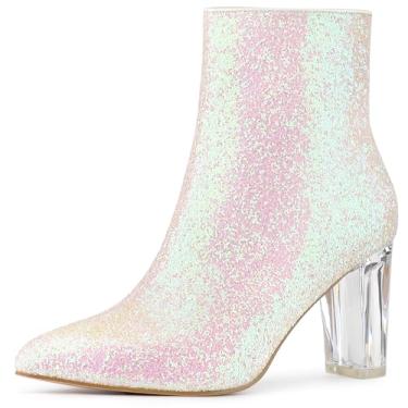 Imagem de Allegra K Botas femininas de cano curto com salto bloco transparente, Branco brilhante, 5.5