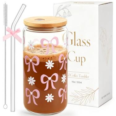 Imagem de Giesiery Copo de vidro com laço rosa preppy com tampas e canudos - Copo estético bonito na moda para meninas adolescentes, mulheres, aniversário, dia dos namorados, Natal, conjunto de xícara de café