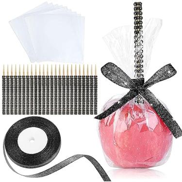 Imagem de MGWOTH Pacote Com 24 Kits De Palitos E Saquinhos Maçã Caramelizada, Espetos Madeira Decoração Bambu Para Biscoitos Arroz Krispie, Pipocas Em Formato Cachorro-Quente Embalagem Vidro, Fitas Brilhantes