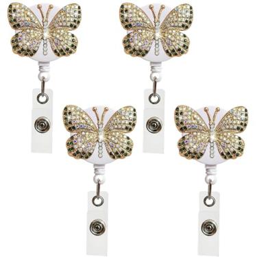 Imagem de 4 peças, clipe de crachá de borboleta, strass, carretel de crachá de enfermeira, retrátil, de nylon, carretel para identidade, strass com clipe jacaré, para professores, estudantes, vários (verde)
