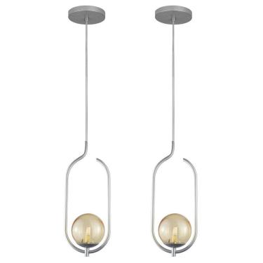 Imagem de Kit 2 Pendentes Lustres On Clip Prata Globo De Vidro Ambar