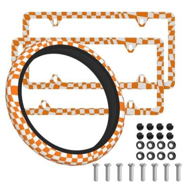 Imagem de Quadro de placa de licença laranja para tabuleiros de xadrez novidade personalizada etiqueta de carro capa de volante feminina capa de placa de licença 4 furos para veículos padrão dos EUA com tampa