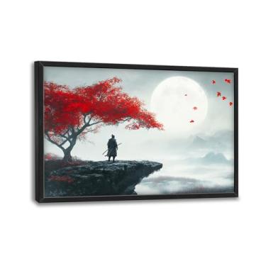 Imagem de Arte de parede grande emoldurada para sala de estar, decoração de parede em tela de samurai japonês, pintura de imagens de árvore vermelha, arte de paisagem moderna para quarto, escritório 91 cm x 61