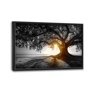 Imagem de Olivine Arte de parede de árvore, decoração de parede de imagens do pôr do sol, pintura em preto e branco, impressões em tela de cenário natural, arte emoldurada para banheiro, quarto, sala de estar