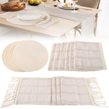 Imagem de Jogo americano Boho de 6 peças com tapetes redondos de tecido, tapetes quadrados de linho de algodão e corredor de macramê, decoração de mesa resistente ao calor e antiderrapante