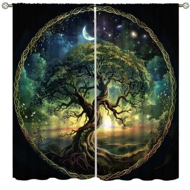 Imagem de Cortinas de árvore da vida, ramos iluminados pela lua, padrões de runas nórdicas viking, decoração escandinava, céu noturno, tratamentos de janela para cozinha, meninos, adolescentes, quarto, sala de