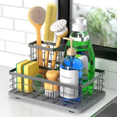 Imagem de HOKEMOM Grande suporte de esponja de tamanho familiar para pia de cozinha com suporte de escova – base antiderrapante sem dreno, aço inoxidável de 2,6 mm com revestimento cinza resistente à ferrugem